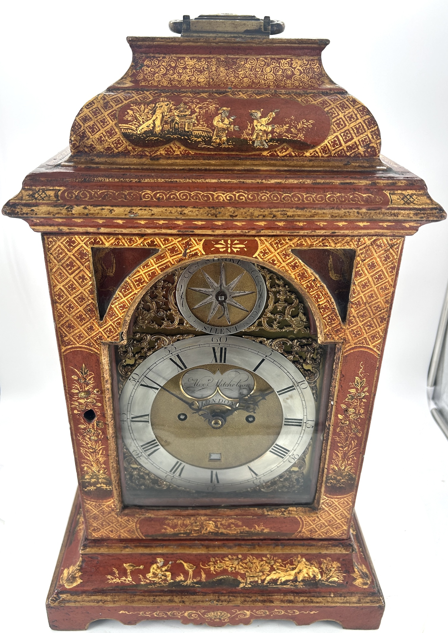 Outstanding Red Chinoiserie English Verge Twin Fusee Bracket Clock – Ca 1760 twin fusee Antique Clocks 6